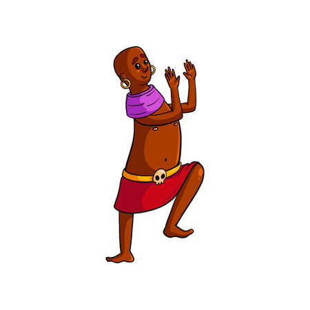 African tribe man skull medallion dancing with clapping hands, traditional dance. Cartoon style. Vector illustration on white backgroundのイラスト素材