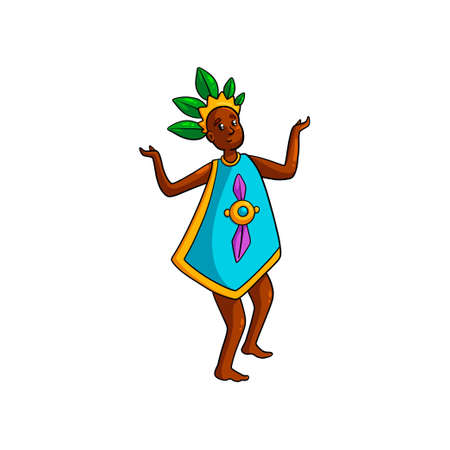 Dancing african tribe woman with green leaf crown and colorful blue clothes. Cartoon style. Vector illustration on white backgroundのイラスト素材