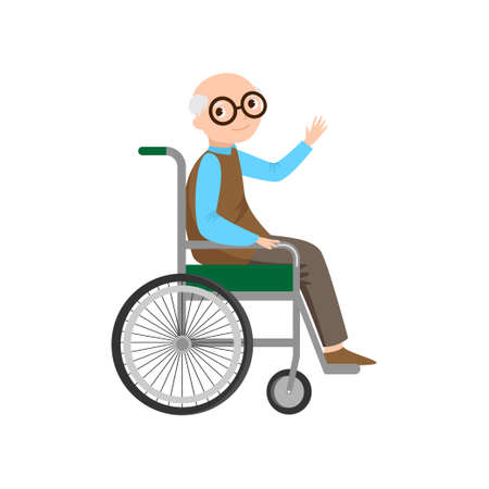 Cute old senior man with eyeglasses in classic wheelchair, disabled person. Flat style. Vector illustration on white backgroundのイラスト素材