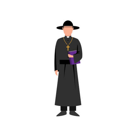 Catholic priest with black hat and bible book in hand, ready for people. Flat style. Vector illustration on white backgroundのイラスト素材