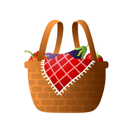 Wood basket with fresh vegetables for bbq or picnic time with lovely family. Cartoon style. Vector illustration on white backgroundのイラスト素材