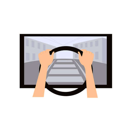 Kid use virtual reality goggles with steering wheel in driving car at city street. Flat style. Vector illustration on white backgroundのイラスト素材