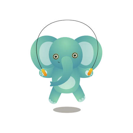 Cute elephant kid jumping with jump rope in school yard at sport lesson. Cartoon style. Vector illustration on white backgroundのイラスト素材