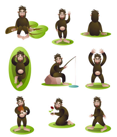 Set of yeti or bigfoot character in different daily situation in mountain forest. Cartoon style. Vector illustration on white backgroundのイラスト素材