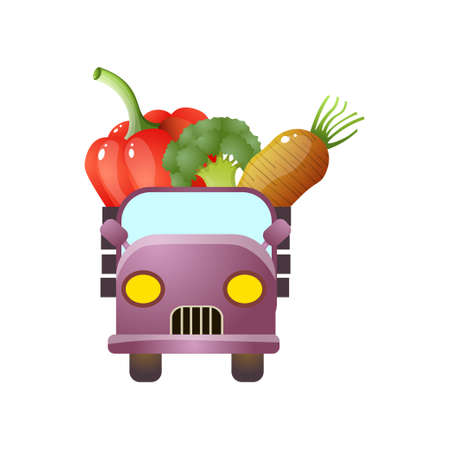 Front view of retro pickup with farm fresh eco vegetables for market. Cartoon style. Vector illustration on white backgroundのイラスト素材
