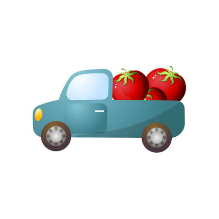 Blue retro pickup with red fresh farm tomato, going to supermarket. Cartoon style. Vector illustration on white backgroundのイラスト素材