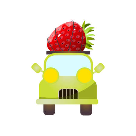 Front view of green pickup with fresh red strawberryのイラスト素材