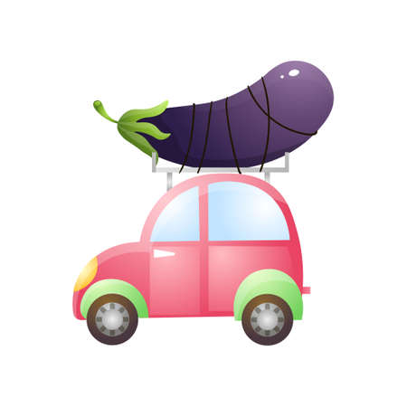 Small colorful car with fresh eco eggplant on roofのイラスト素材