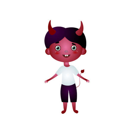 Cute happy boy in devil costume with red mask face, for halloween party. Cartoon style. Vector illustration on white backgroundのイラスト素材