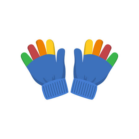 Blue kid textile winter gloves with colorful fingers, red, orange,yellow, green. Flat style. Vector illustration on white backgroundのイラスト素材