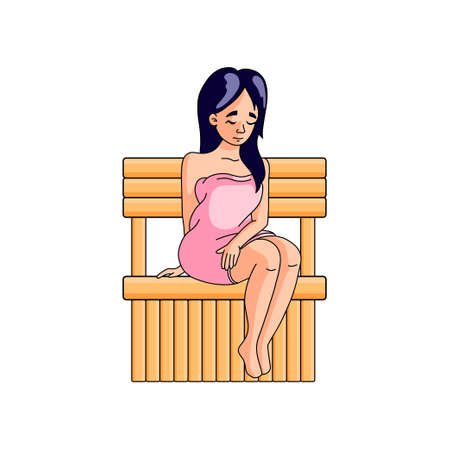 Cute brunette sit in hot wood sauna with towelのイラスト素材