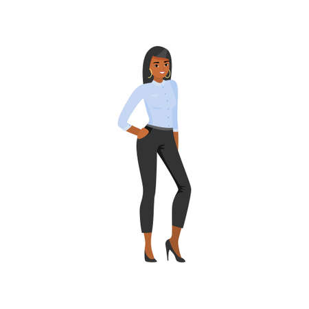 Young woman in black pants and nice blue tshirt, for company party. Flat style. Vector illustration on white backgroundのイラスト素材