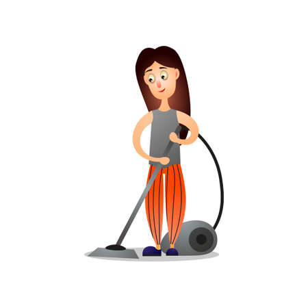 Young girl cleaning room using modern vacuum cleanerのイラスト素材