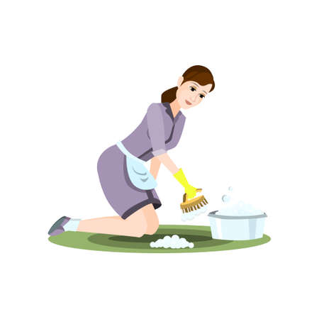 Cleaning woman take clean brush to wash green carpet. Flat style. Vector illustration on white backgroundのイラスト素材