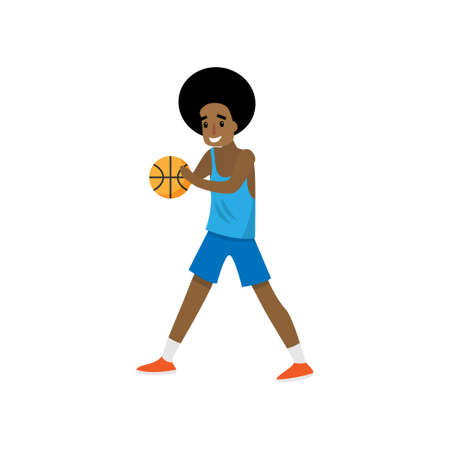 African basketball player stopped dribble with red ball, first match. Flat style. Vector illustration on white backgroundのイラスト素材
