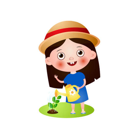 Happy smiling cute girl in summer hat use watering canのイラスト素材