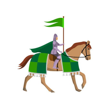 Medieval knight with green flag in steel armor at horseのイラスト素材