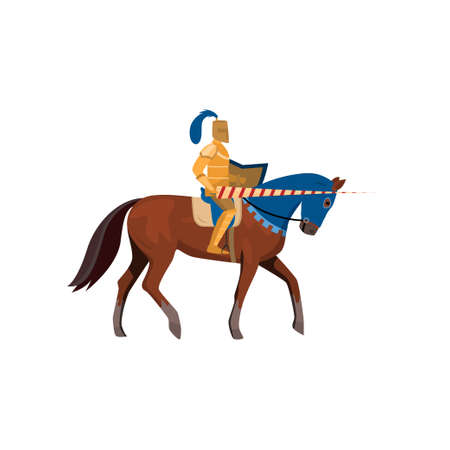 Medieval knight in gold armor with long spear with horseのイラスト素材