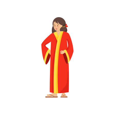 Cute woman in china national clothes, red color with golden textile. Flat style. Vector illustration on white backgroundのイラスト素材