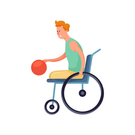 Cute smiling disabled boy in wheelchair play basketball at paralympic games. Flat style. Vector illustration on white backgroundのイラスト素材