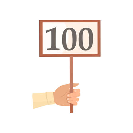 Hand take ballot wood board with number one hundred for election. Flat style. Vector illustration on white backgroundのイラスト素材