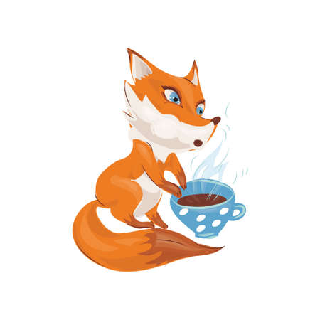 Cute colorful red fox is drinking cup of hot teaのイラスト素材