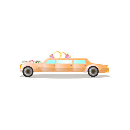 Long gold color just married limousine with flowers and ringsのイラスト素材