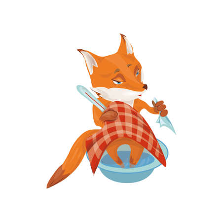 Cute red fox is sick, medical thermometer, red coverのイラスト素材