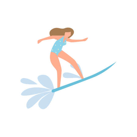 Student girl in blue swimwear surfing on ocean wave, summer beach. Flat style. Vector illustration on white backgroundのイラスト素材