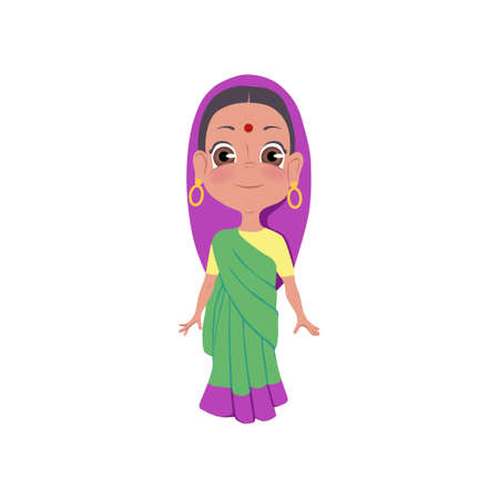 Cute smiling indian girl in colorful clothes and red pointのイラスト素材