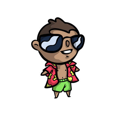 Cute hawaii young boy in green shorts and black sunglassesのイラスト素材