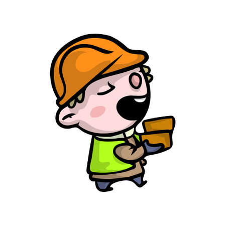 Cute smiling boy in builder clothes with orange helmetのイラスト素材