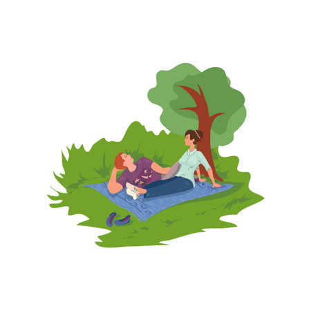 Lovely cute couple is rest in city park and talkingのイラスト素材