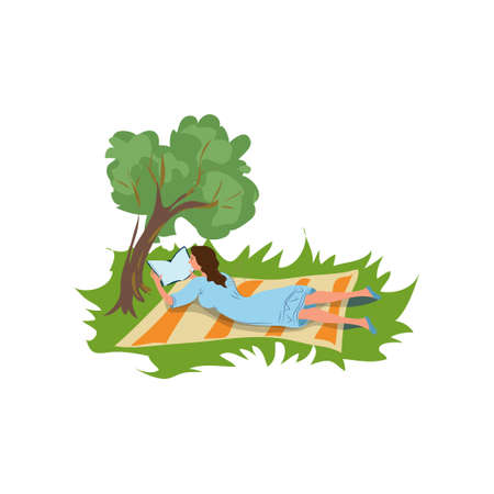 Student girl is rest at city park and reading a new university book. Cartoon style. Vector illustration on white backgroundのイラスト素材