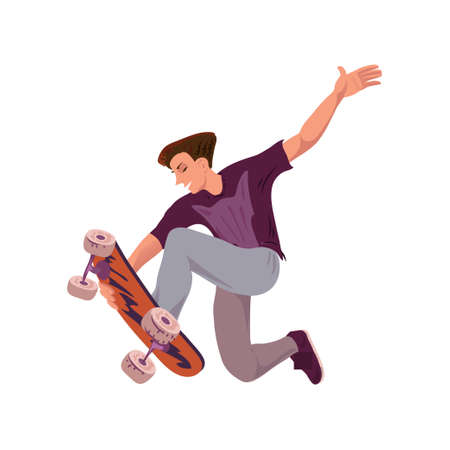 Young happy man shows extreme wood skateboard trick. Cartoon style. Vector illustration on white backgroundのイラスト素材