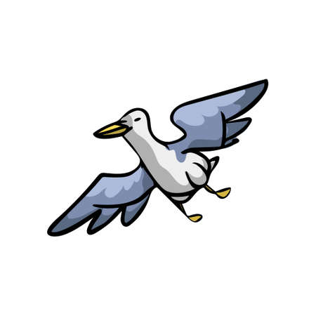 Ocean seagull with blue wings flying in deep sky over beach. Cartoon style. Vector illustration on white backgroundのイラスト素材