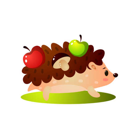 Cute hedgehog take green, red apple and mushroomのイラスト素材