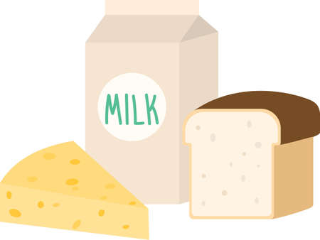 Eco food package of milk carton with cheese and breadのイラスト素材