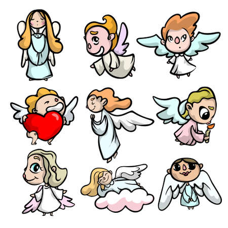 Set of cute kid angels with face and light wingsのイラスト素材