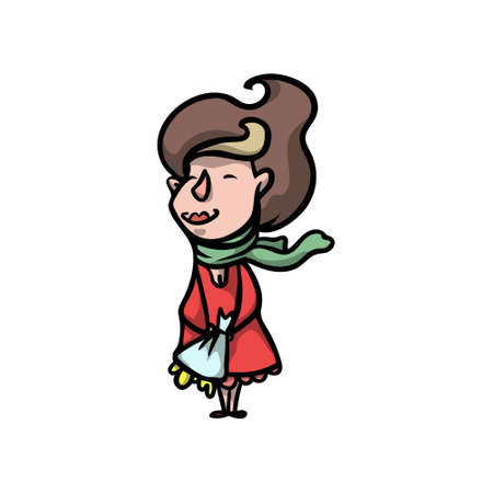 Cute fashion modern woman in red coat with flower bouquetのイラスト素材