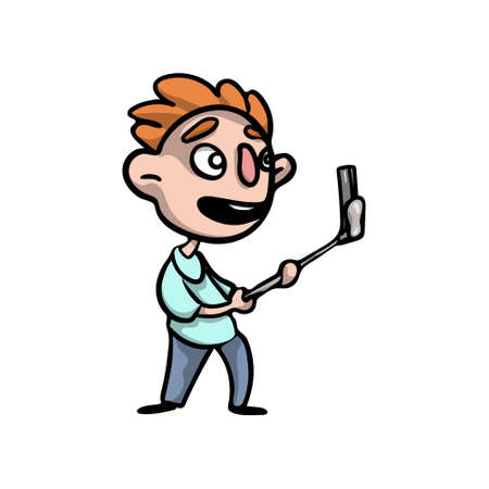 Cute red hair boy in blue jeans make selfieのイラスト素材