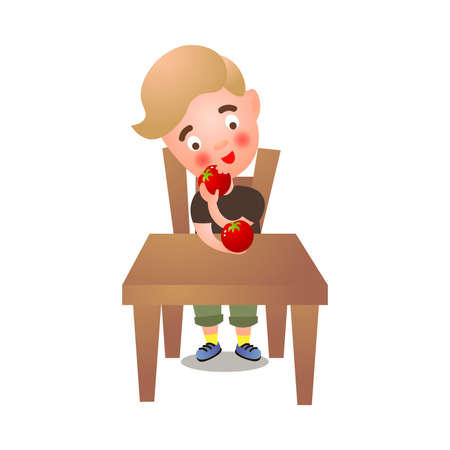 Cute happy blonde boy stay at kitchen and eating red fresh tomatoのイラスト素材