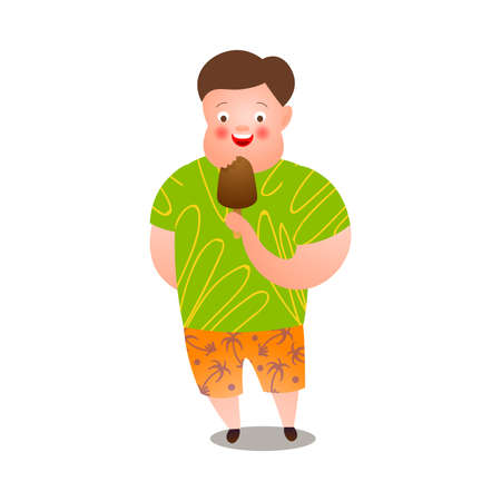Cute fat man in tropical shorts eating tasty popsicleのイラスト素材
