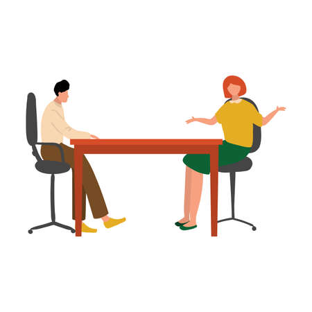 Office workers man and woman at meeting table speaking, secret information. Flat style. Vector illustration on white backgroundのイラスト素材