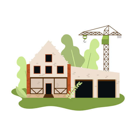 New construction of house with stones or white bricks with craneのイラスト素材