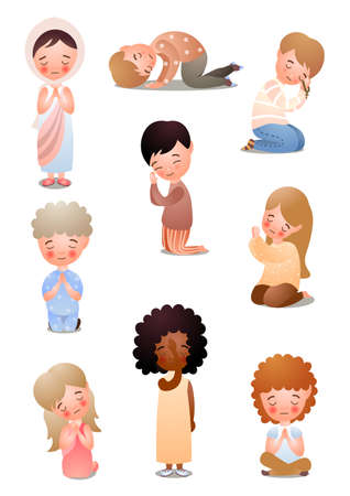 Set of different nationality cute kids offer prayers to Godのイラスト素材