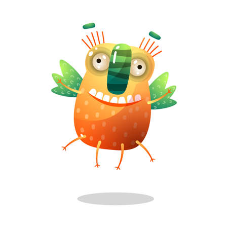Cute funny orange monster with green wings is flyingのイラスト素材