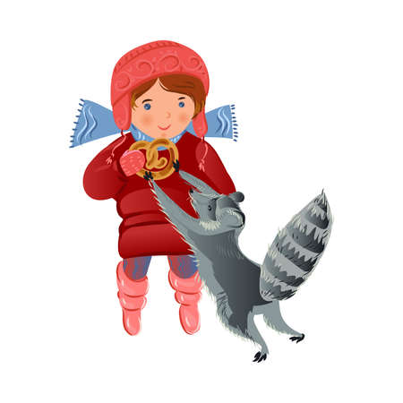 Cute wild grey skunk take a bakery pretzel from cute girlのイラスト素材