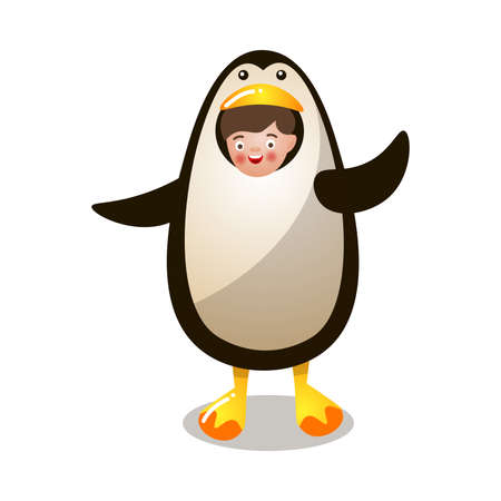 Cute smiling kid in arctic funny penguin costumeのイラスト素材
