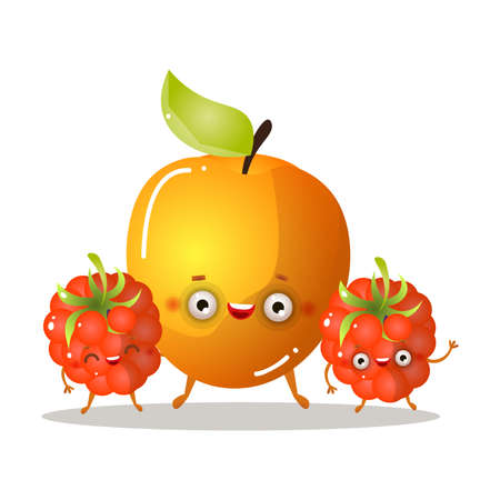 Cute smiling golden apple character with raspberries friendsのイラスト素材